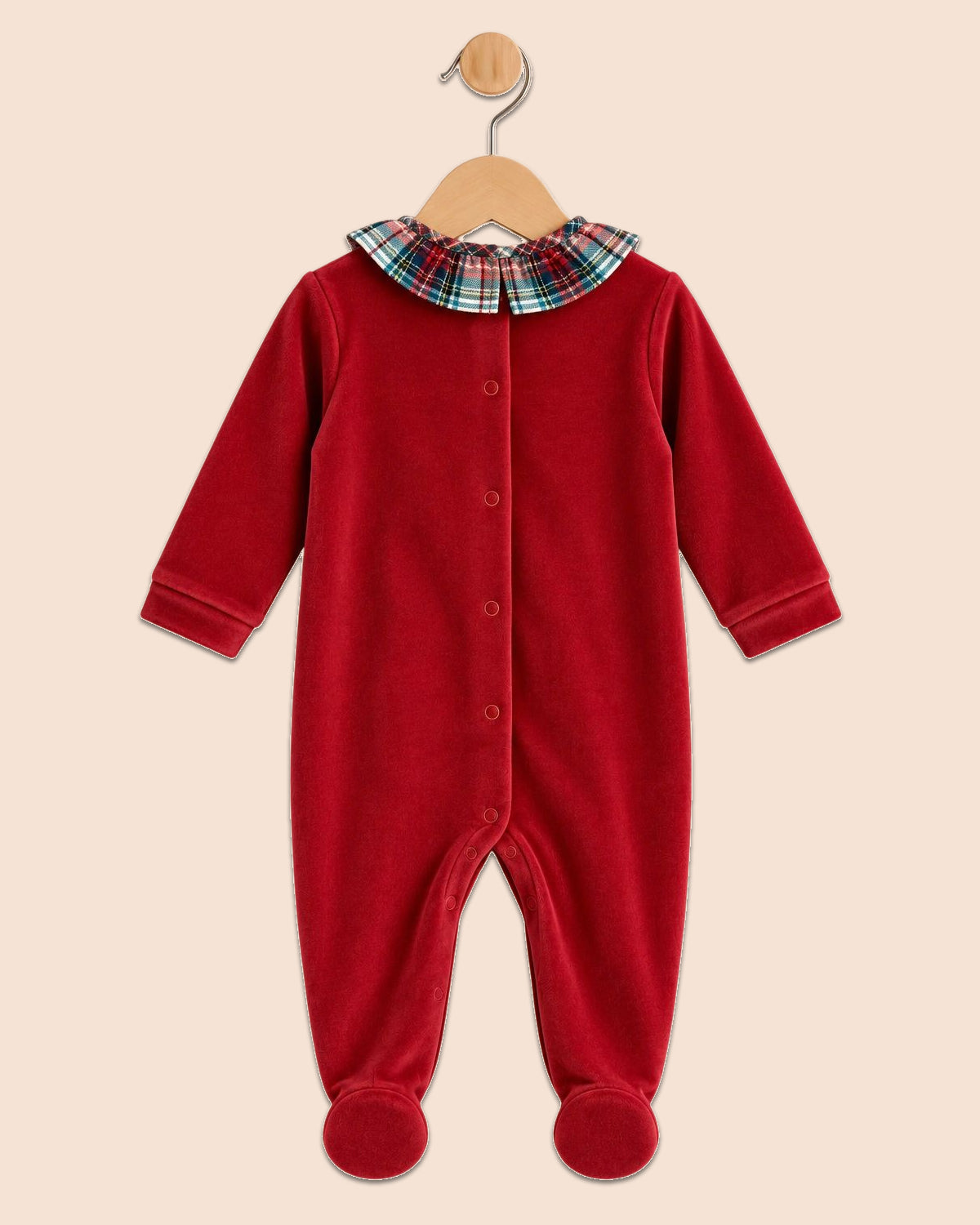 red velour footie with ruffled plaid collar fback view on hanger