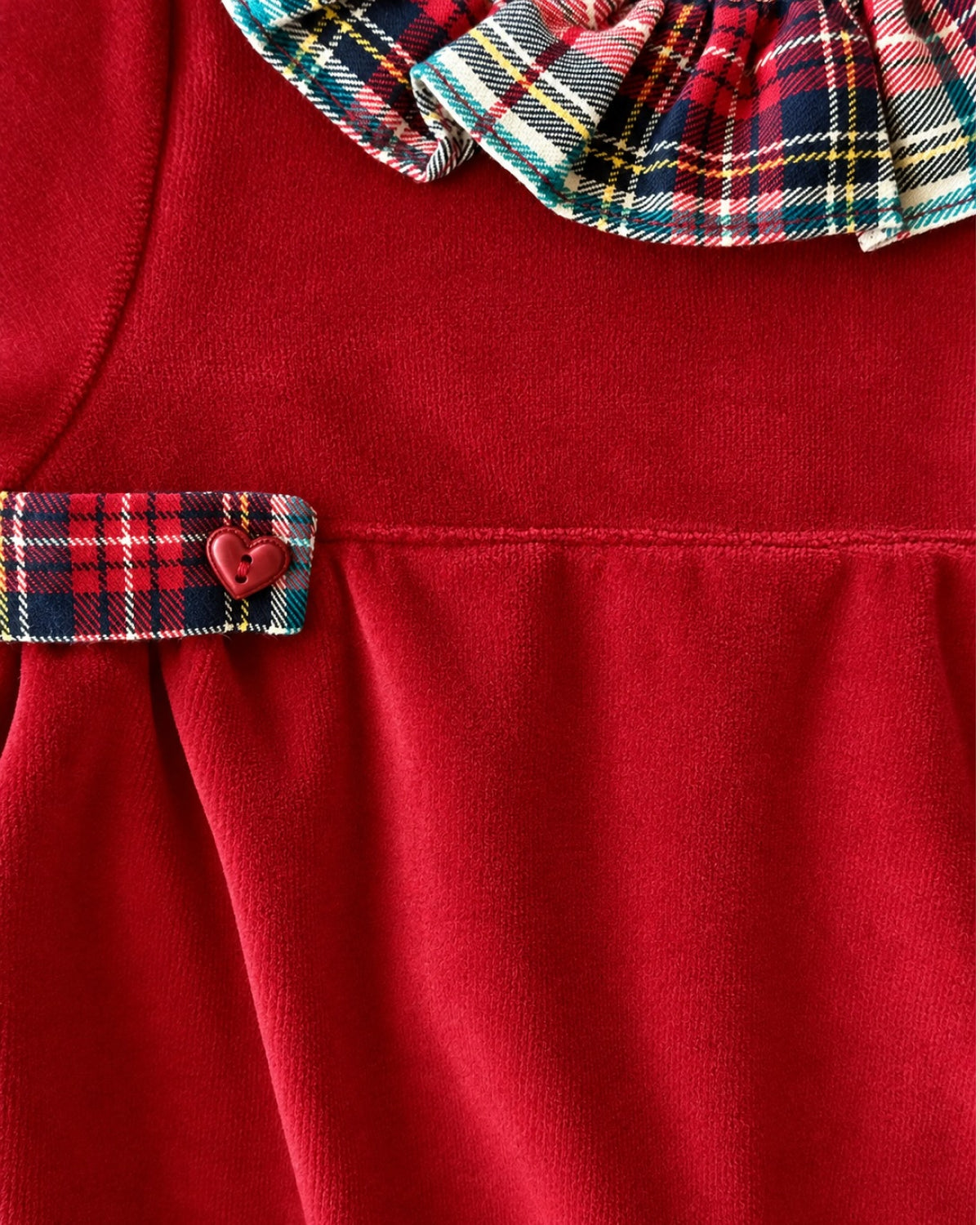 red velour footie with ruffled plaid collar close up