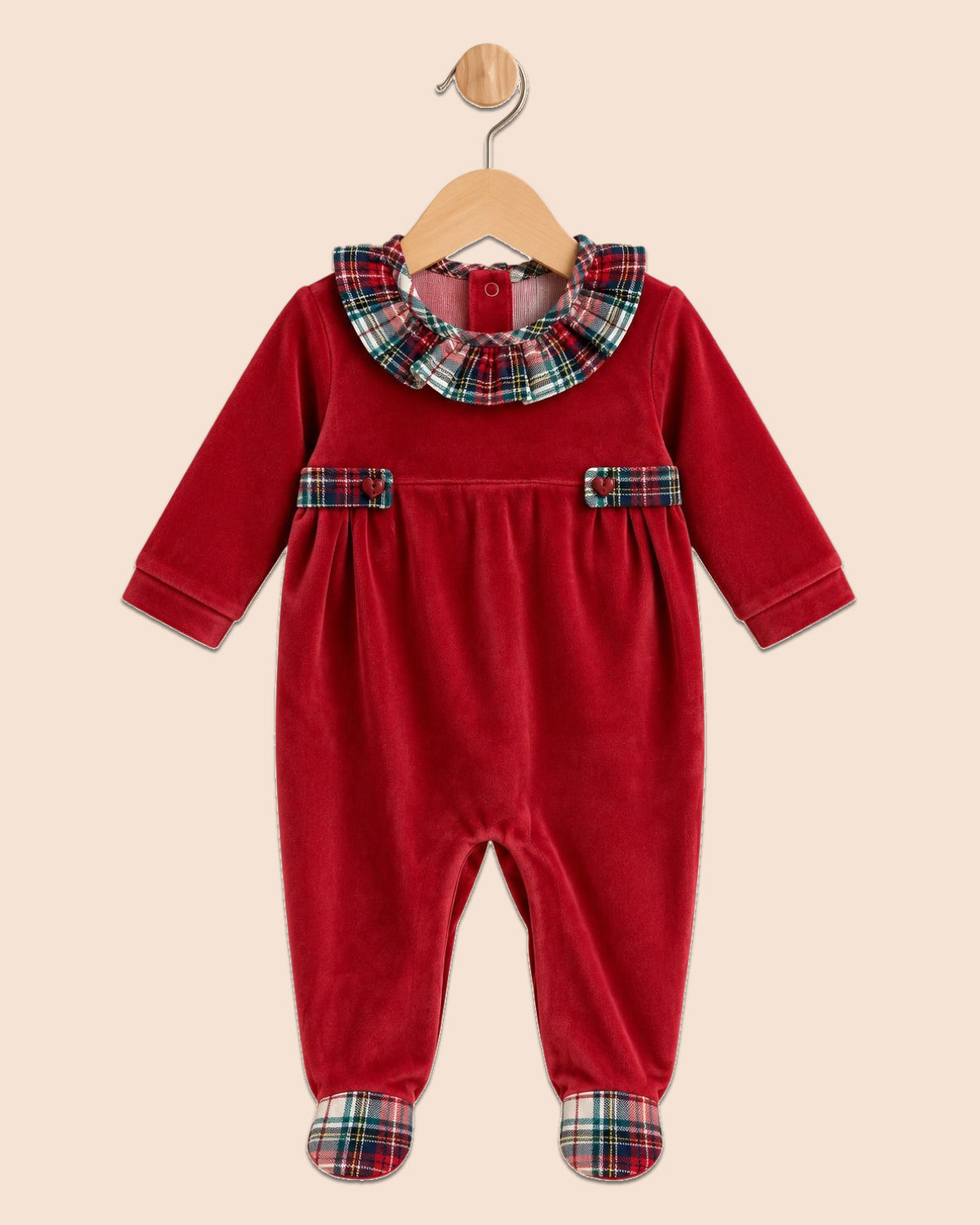 red velour footie with ruffled plaid collar front on hanger