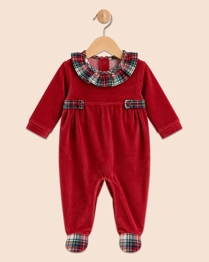 red velour footie with ruffled plaid collar front on hanger