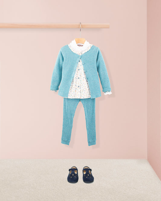 Ribbed Teal Mélange Cardigan - Cardigan