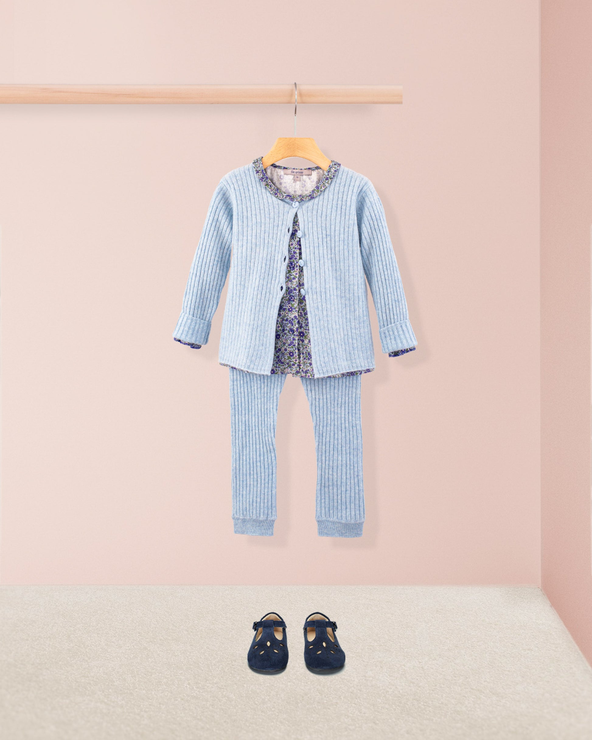 Cashmere Ribbed Light Blue Mélange Cardigan - Cardigan