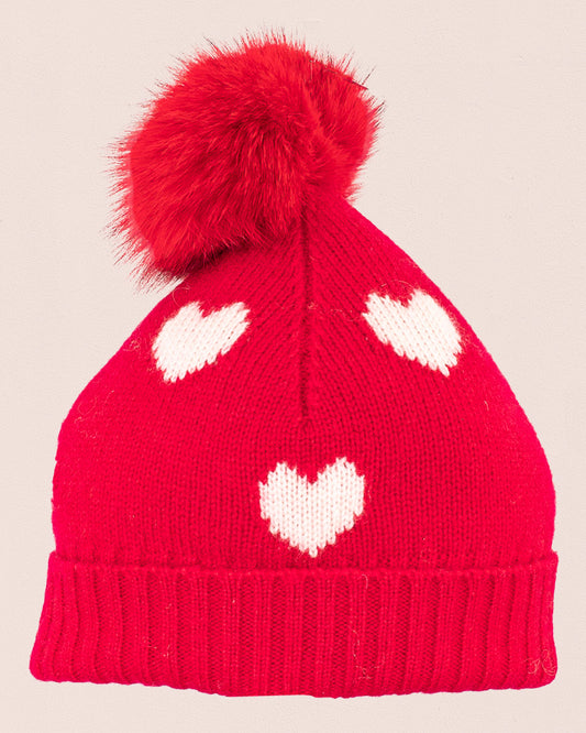 Hearts Red Cashmere Fur Pom-Pom Hat - Hat