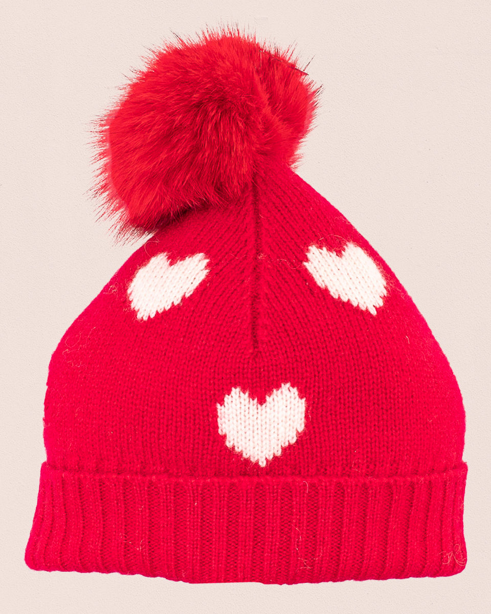 Hearts Red Cashmere Fur Pom-Pom Hat