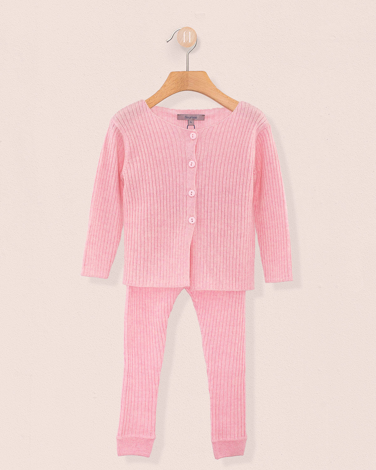 Ribbed Pink Supermélange Wool 2-Pcs Set - Cardigan