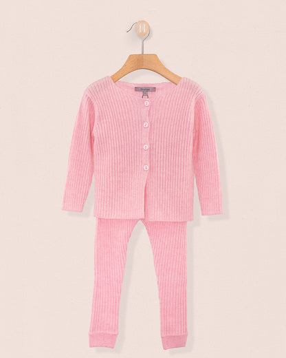 Ribbed Pink Supermélange Wool 2-Pcs Set - Cardigan