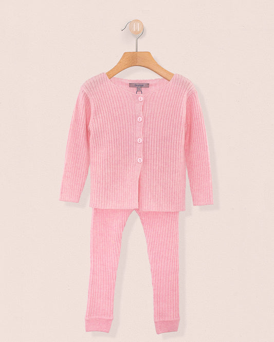 Ribbed Pink Supermélange Wool 2-Pcs Set - Cardigan