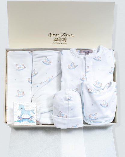 Baby clothing set with horse designs in a box labeled 'Spring Flowers'.