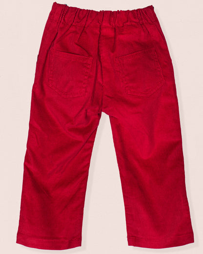 Back view of ruby burgundy Italian corduroy pull-on pants with elastic waistband and two square back pockets.