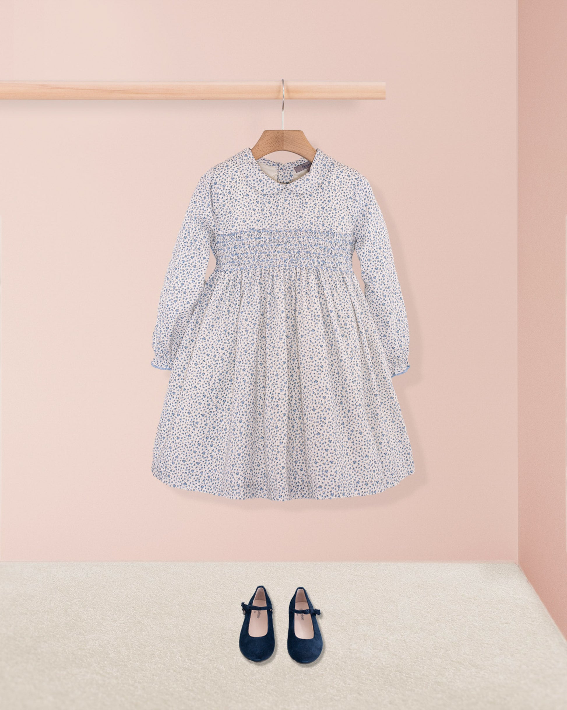 Violetta Blue French Twill Floral - Smocked Dress