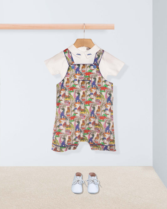 Colorful dinosaur-patterned shortall on a hanger against a light gray background. with white shoes and white undershirt.