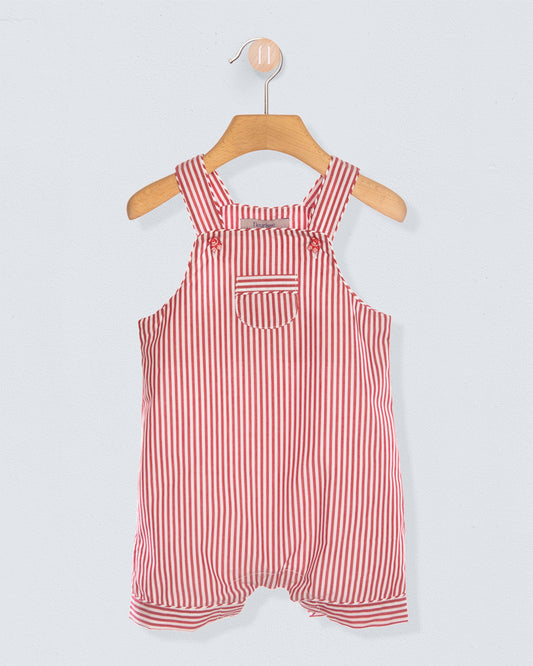 Front of Red and white striped shortall on a wooden hanger against a light gray background