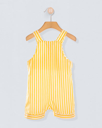 Back of Yellow striped shortall on a hanger against a light gray background