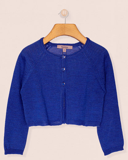 Blue cardigan on a wooden hanger against a beige background