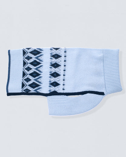 Sky blue colored dog sweater with jacquard design diamond shapes and chevrons
