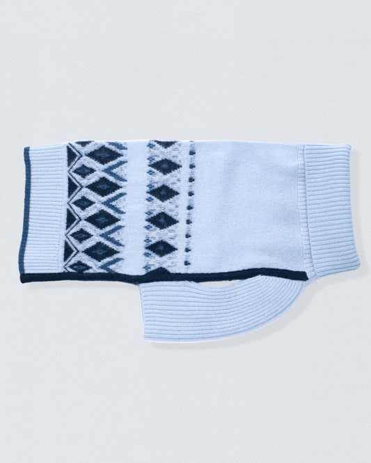 Sky blue colored dog sweater with jacquard design diamond shapes and chevrons