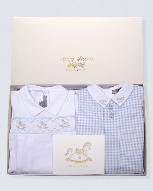 Children's clothing gift set in a gift box with 'Spring Flowers' branding.