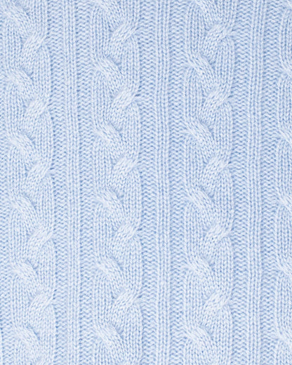 Close-up of a light blue knitted fabric with cable pattern