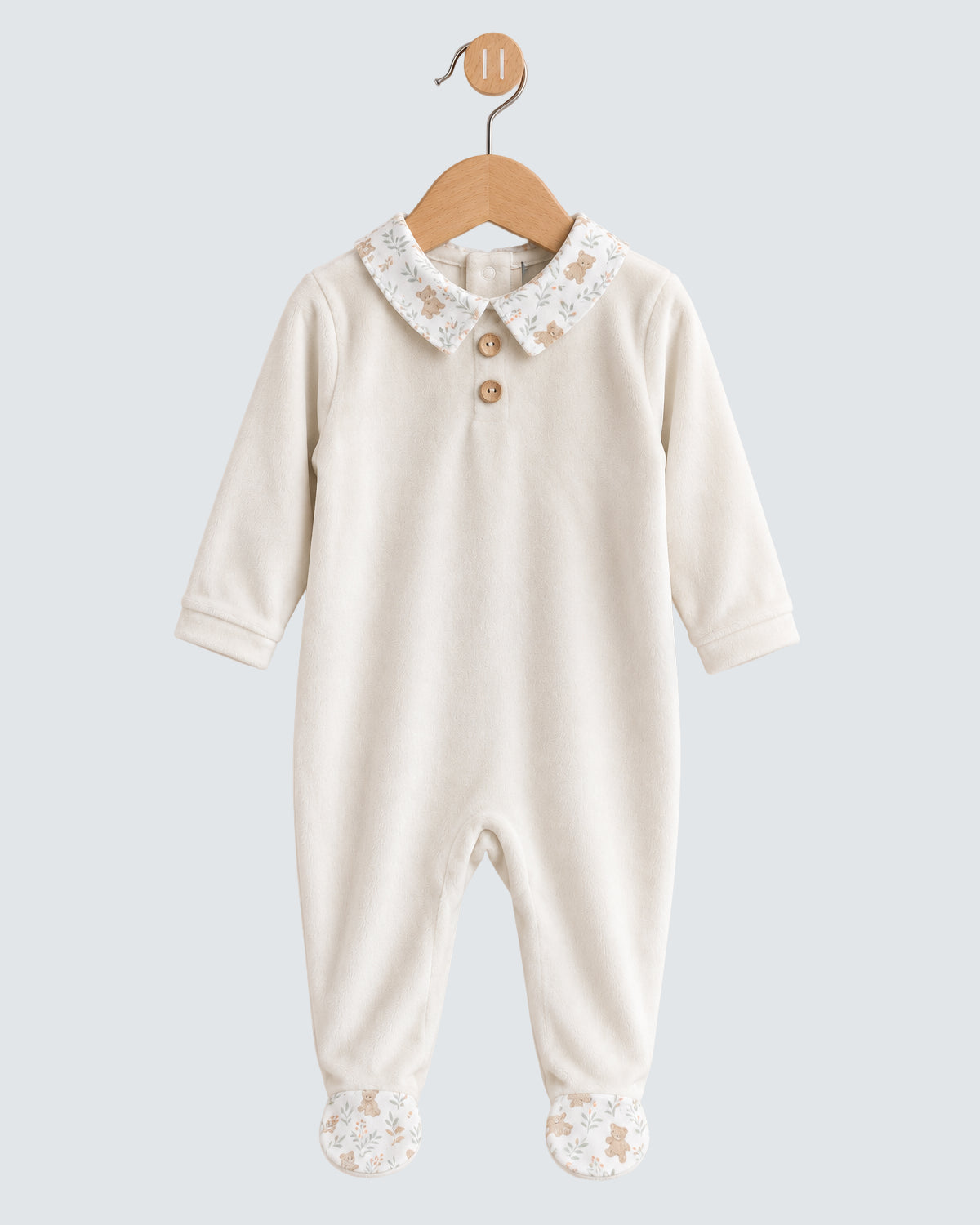 Velour Beige Bear Print Collared Footie