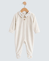 Velour Beige Bear Print Collared Footie