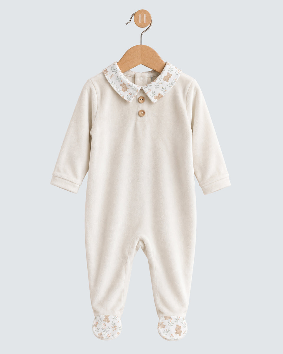 Velour Beige Bear Print Collared Footie