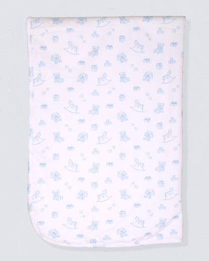 Baby blanket with blue teddy bear pattern on a light gray background