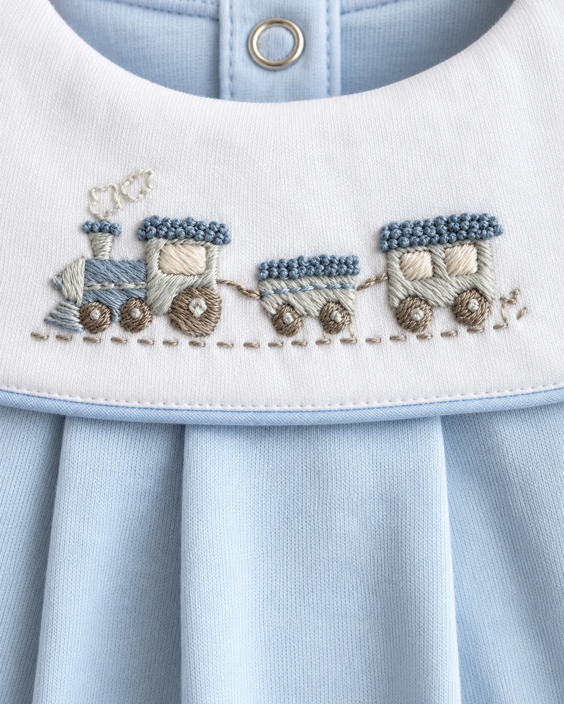 Pima Collar Train Embroidered Blue Stretchie
