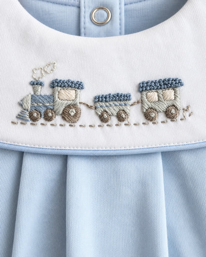 Pima Collar Train Embroidered Blue Stretchie