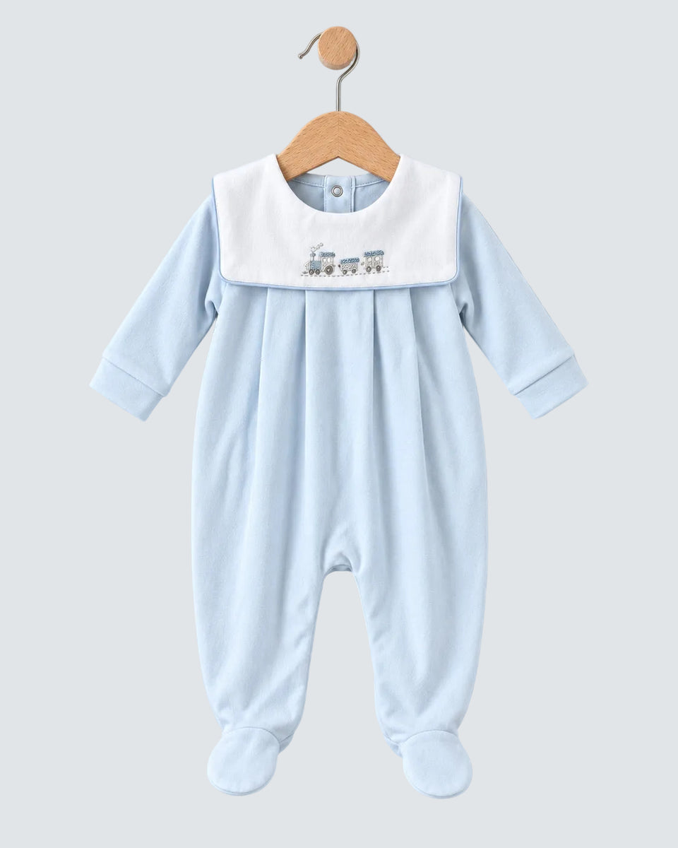Pima Collar Train Embroidered Blue Stretchie