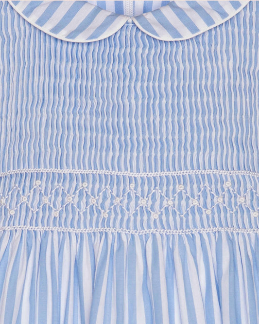 Close-up of a blue and white striped dress with a lace trim.