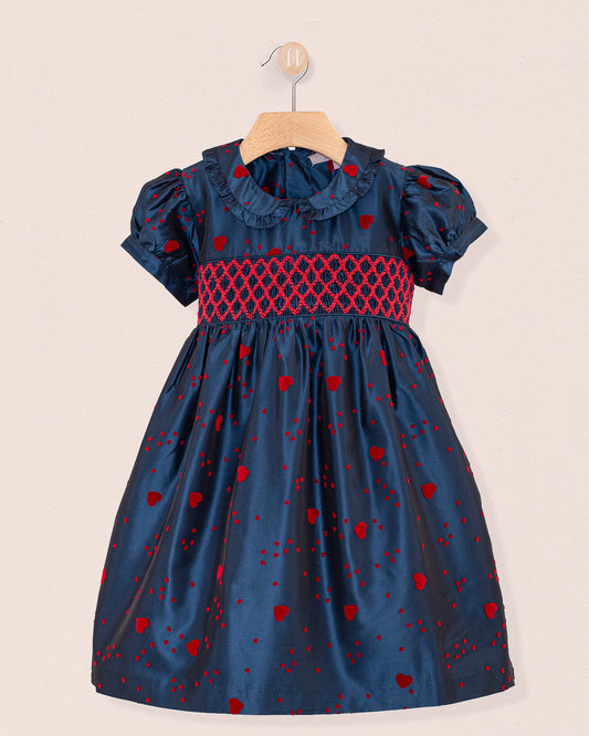 Valentine Taffeta Navy Hearts Smock - Dress