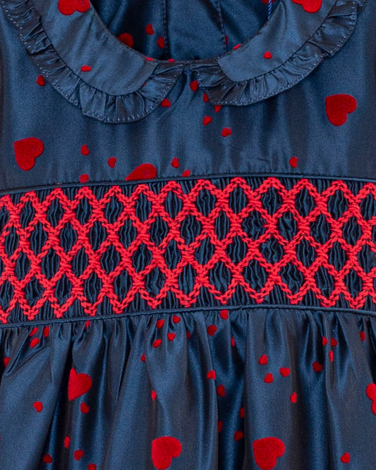 Valentine Taffeta Navy Hearts Smock - Dress