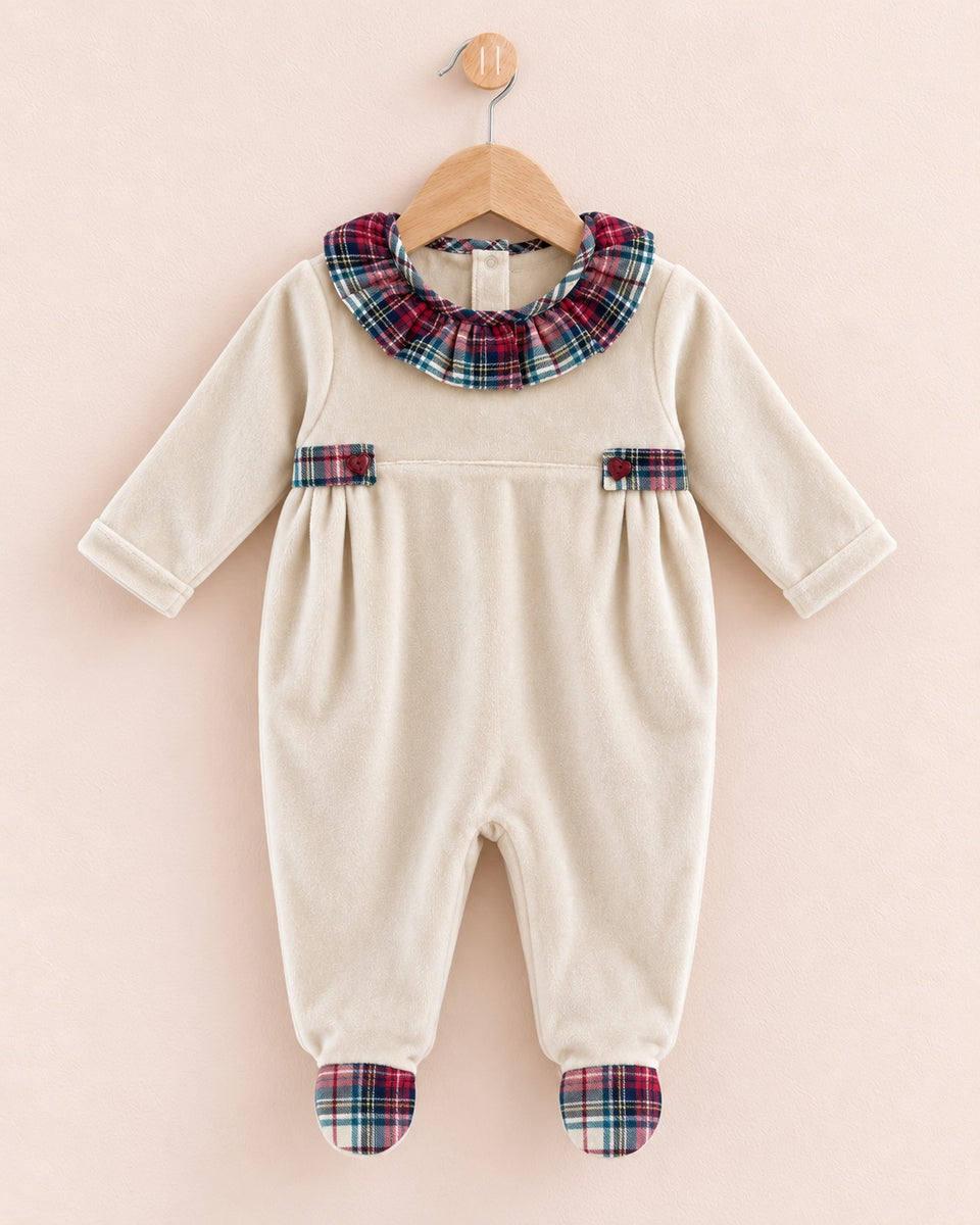 Velour Beige Festive Ruffled Collar Footie