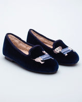 Embroidered Slipper Navy Velour Dachshund