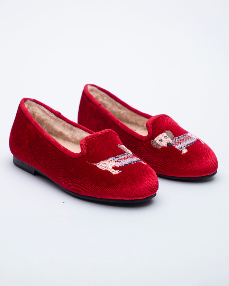 Embroidered Slipper Red Velour Dachshund