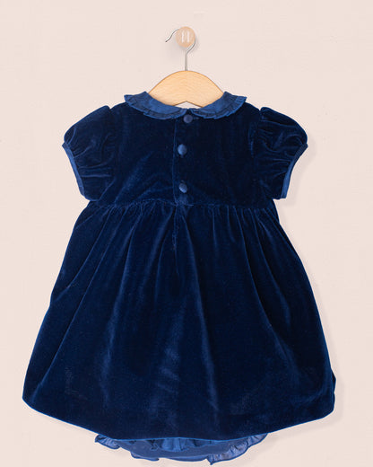 Navy blue velvet dress on a beige background