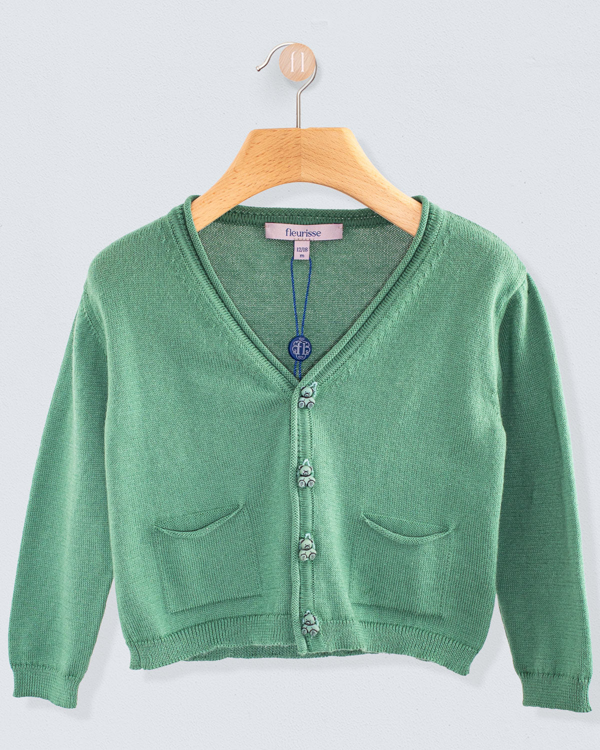 Victor Hunter Green Cotton Cardigan with Bear Buttons - Sweater