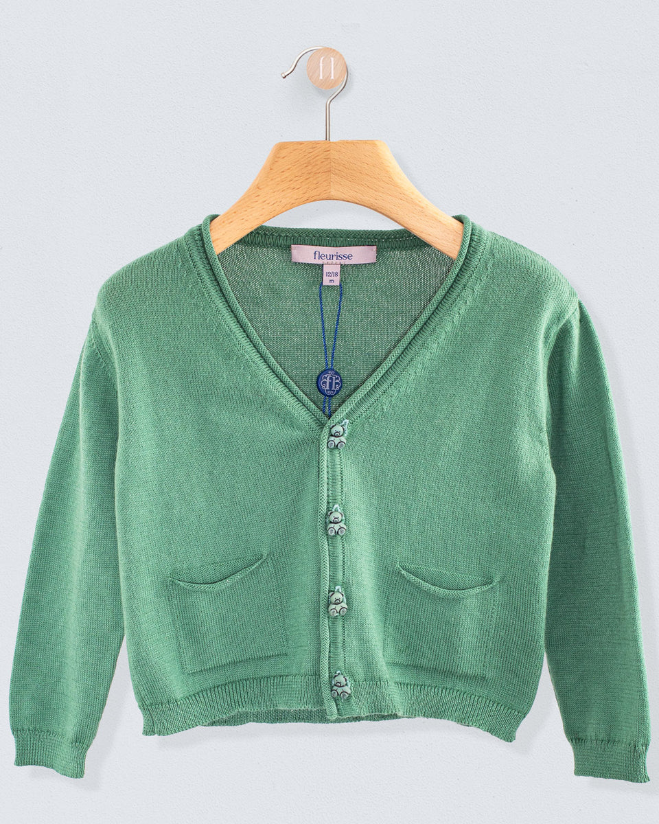 Victor Hunter Green Cotton Cardigan with Bear Buttons