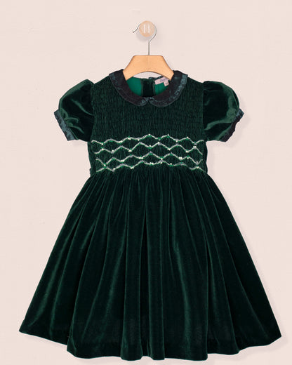 Green velvet dress with patterned bodice on a beige background
