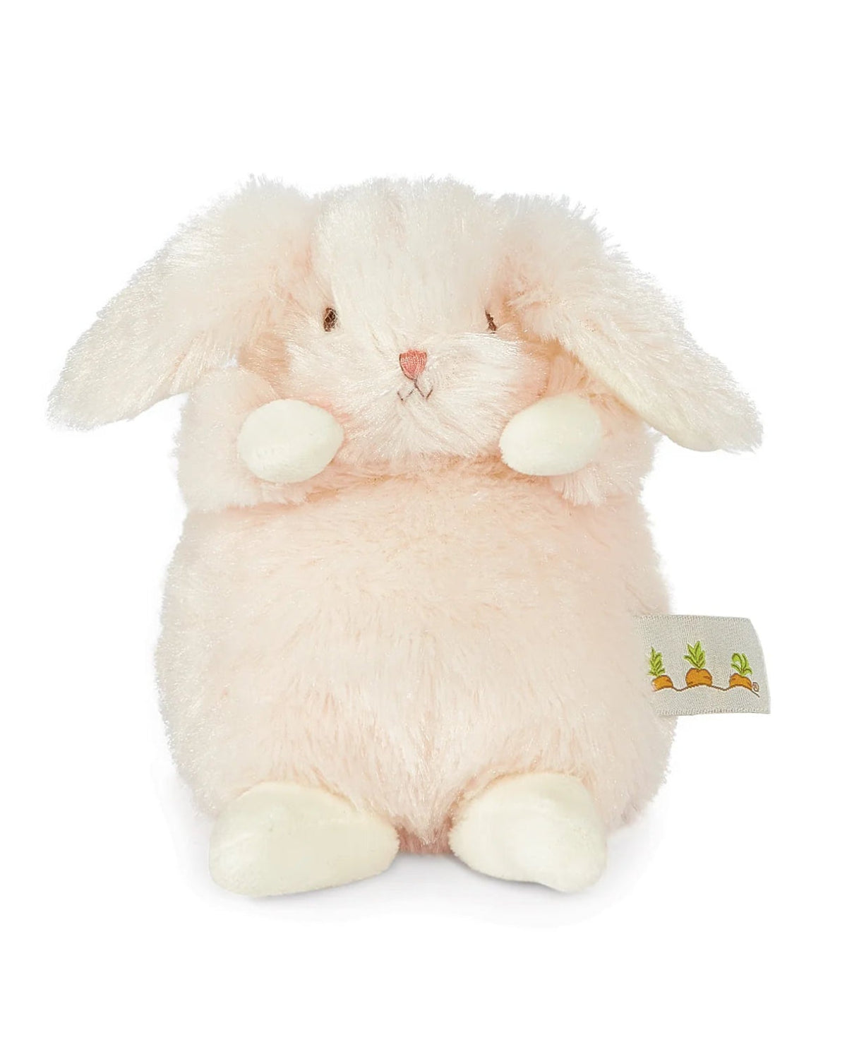 Plush rabbit toy with a tag on a white background