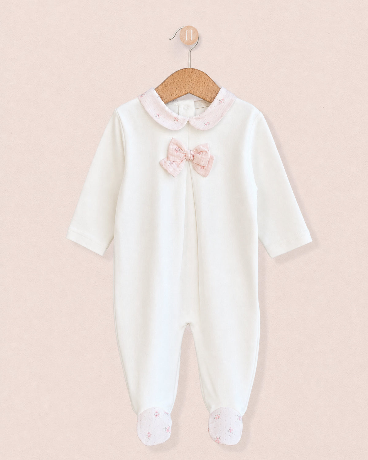 Bow White Cotton Collared Footie