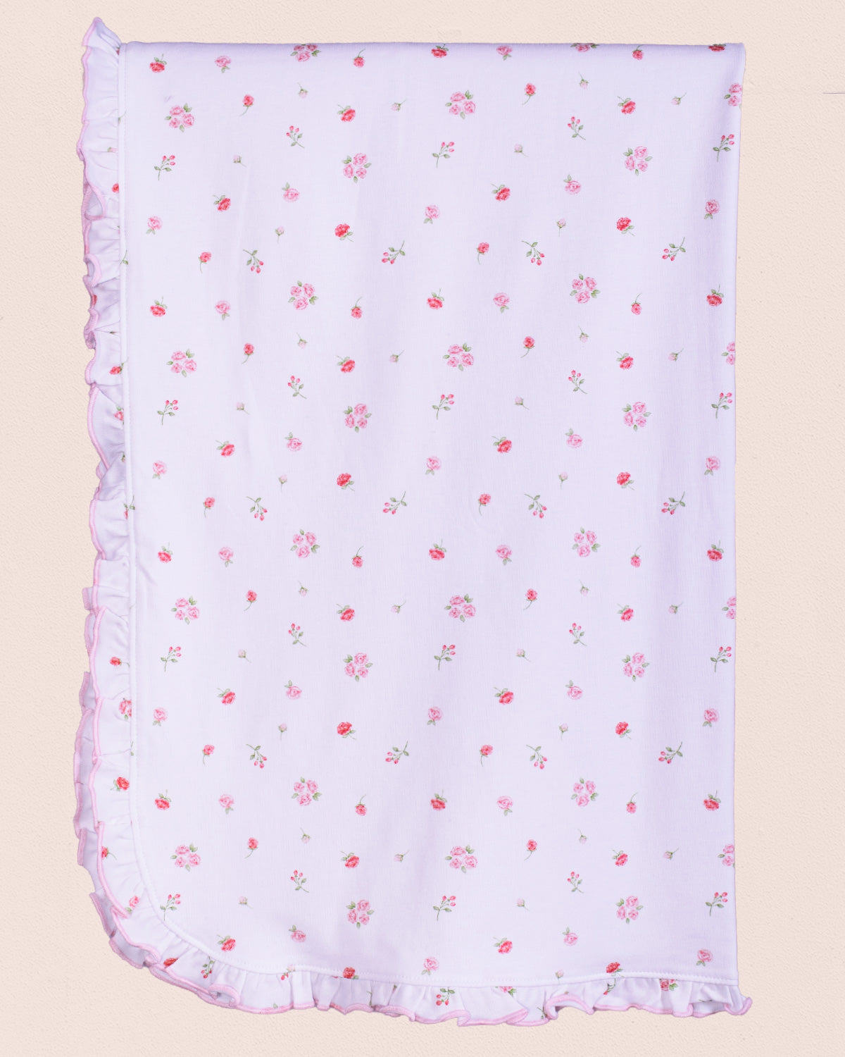 Pima White Rosebuds Ruffle Receiving Blanket