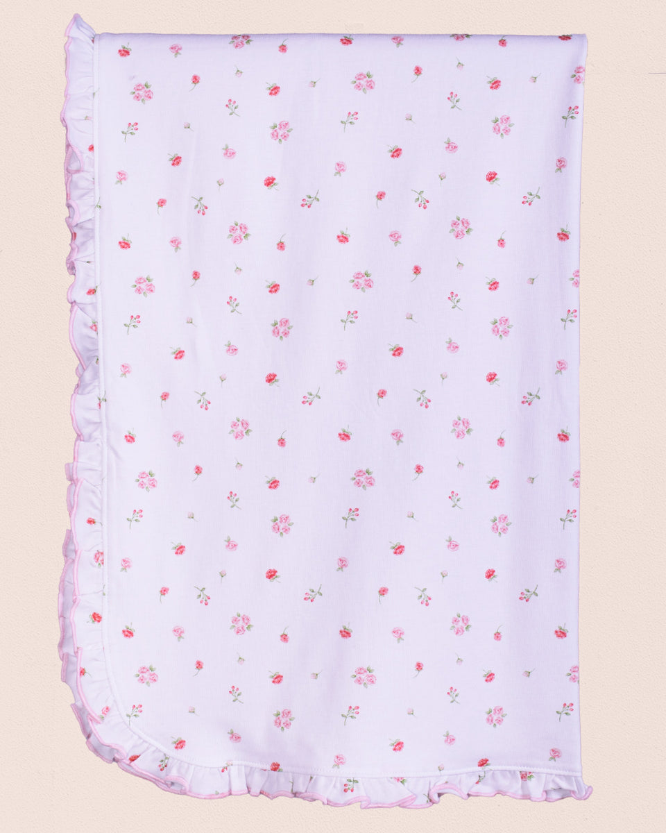 Pima White Rosebuds Ruffle Receiving Blanket