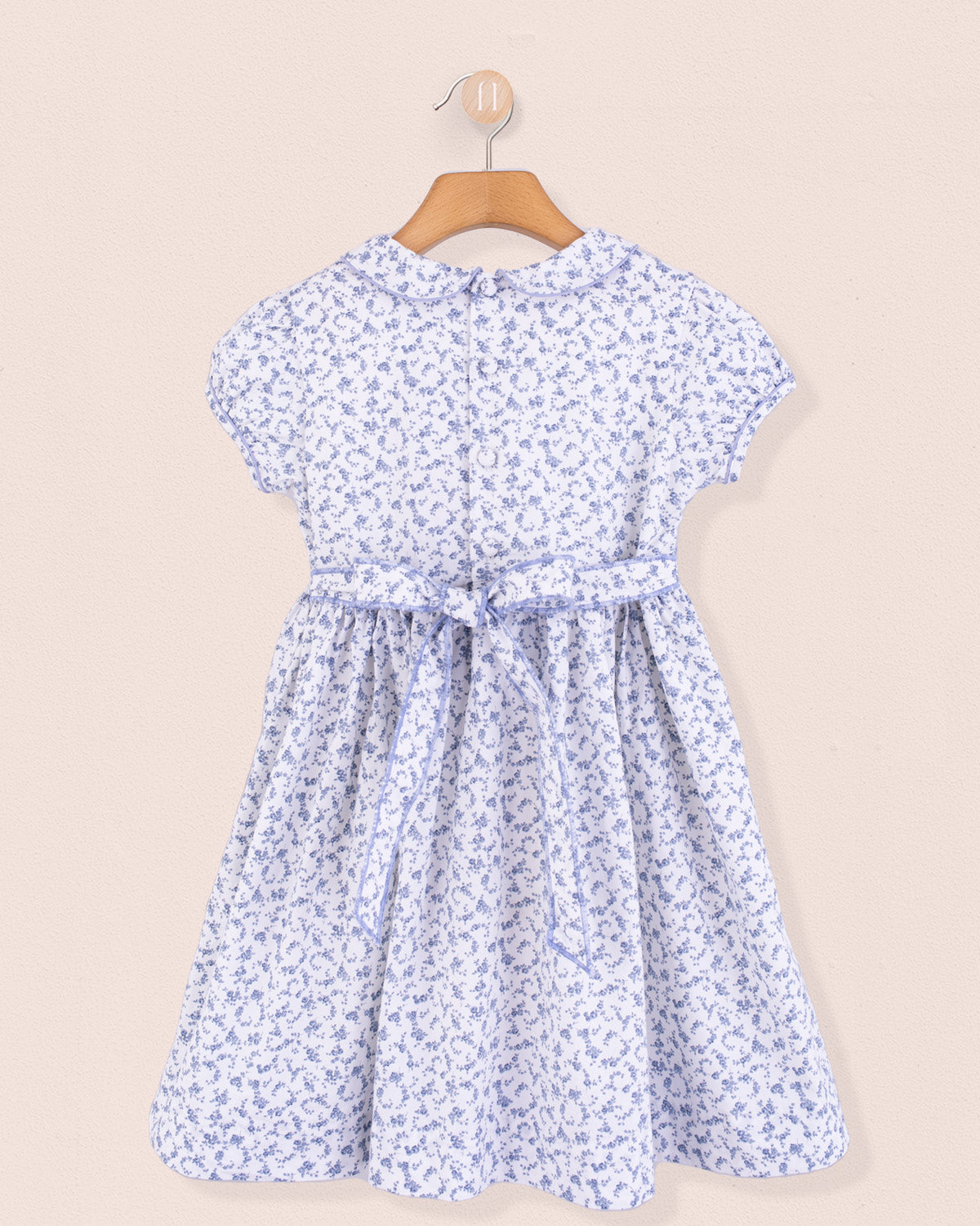 Back view of Amanda Campari dress showing fabric-covered buttons and matching sash