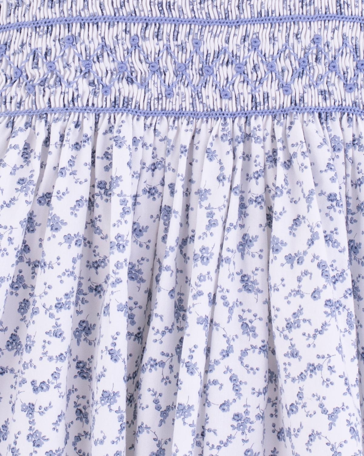 Close-up of the smocked bodice with delicate blue floral print and fine stitching detail