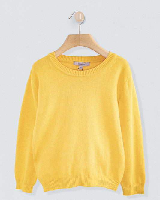 Front view of the Arthur  Cotton Crew Neck sweater in safari yellow with a ribbed crew neckline and cuffs hanging on a wooden hanger