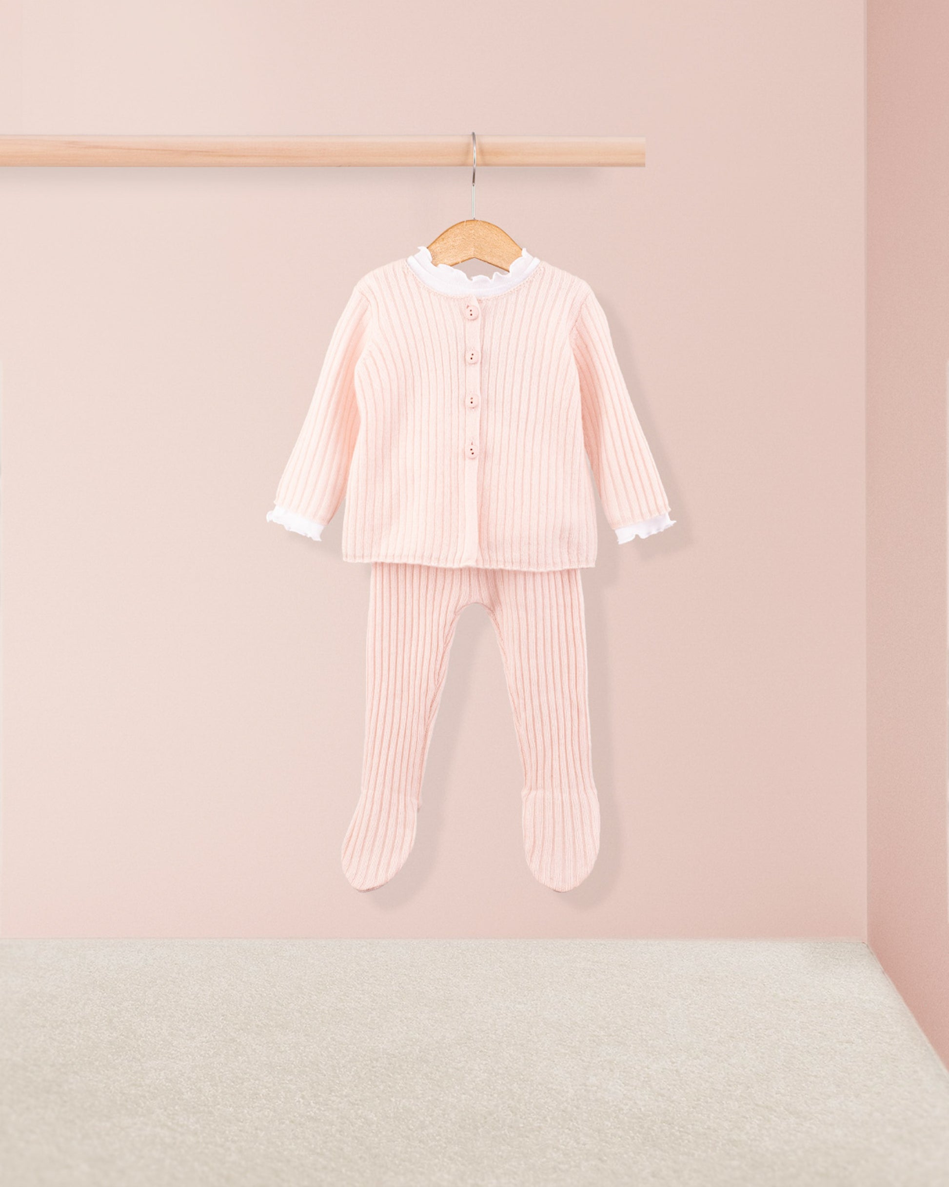 Cashmere Ribbed Baby Pink Cardigan - Cardigan