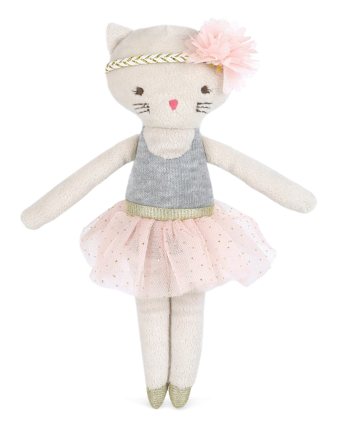 A plush cat doll dressed as a ballerina, featuring a gray sleeveless top, a pink tulle tutu skirt with gold polka dots, a pink flower headband, and a gold chevron headband, set against a plain white background.