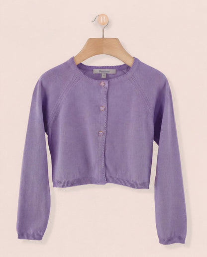 Purple cardigan on a wooden hanger against a beige background