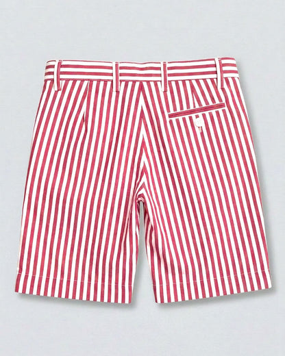 back of red and white striped shorts with 1 pocket and white button on right side, 4 visible belt loops, against a grey background.